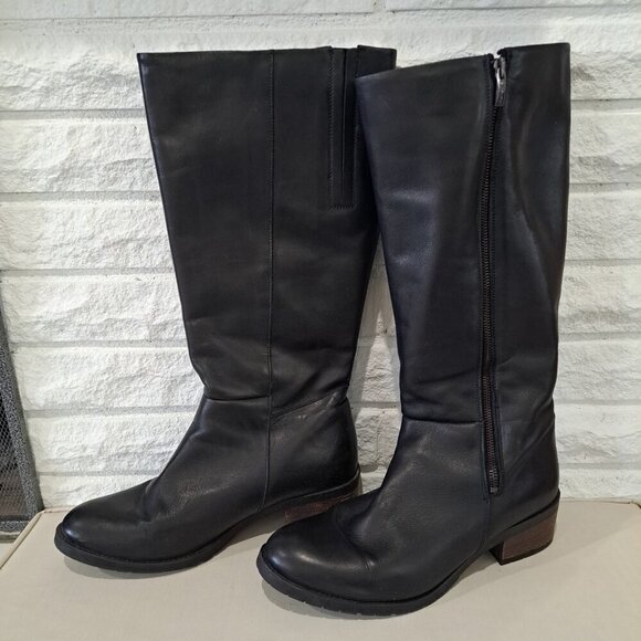 Eric Michael Women's  10.5 Boot Black Leather Knee High Rubber Stacked Wood Heel - Picture 2 of 13